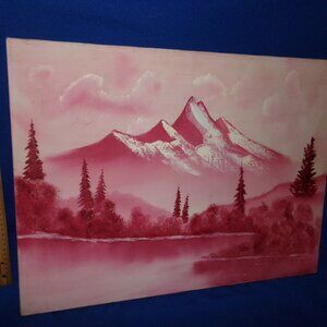 Vintage Oil Painting - Mountain Lake with Trees - Unknown Artist - Magenta/ Pink